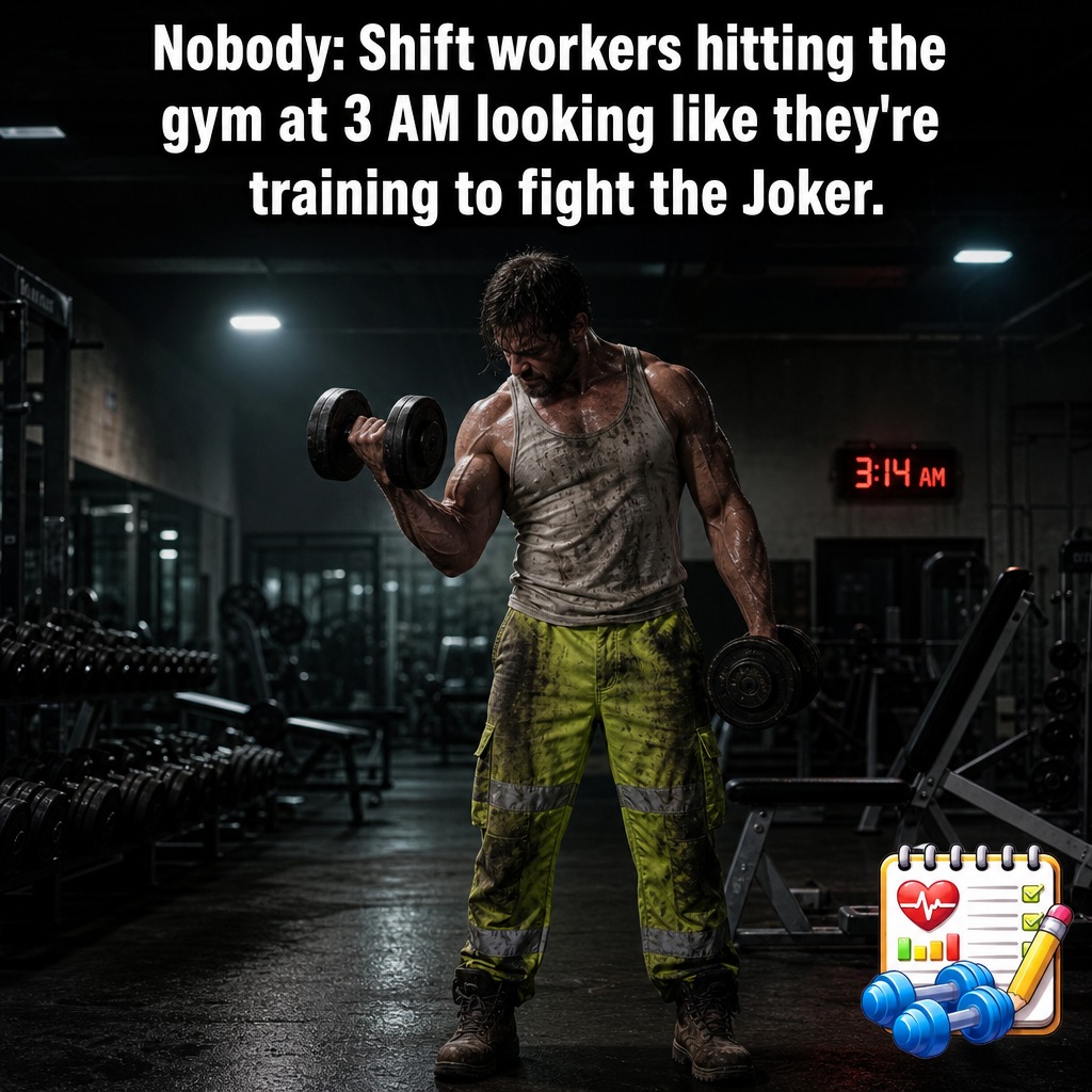 CjlyteJason's tweet photo. the 3am shift worker gym session is just a batman training arc. nothing but high-vis gear and pure rage. drop your weirdest gym hour below 👇 #gymtok #shiftwork https://t.co/wFo0TMuGz2