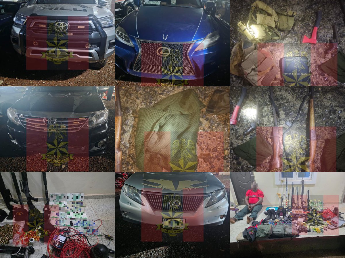 HQNigerianArmy's tweet photo. TROOPS OF OPERATION UDO KA RECORD MAJOR GAINS, RECOVER ARMS AND DISRUPT CRIMINAL NETWORKS

Troops of Joint Task Force South East Operation UDO KA have continued offensive operations against criminal elements across the South East, recording significant successes through intelligence-led operations and collaboration with other security agencies. The operations led to the arrest of several suspects involved in criminal activities and the recovery of arms, ammunition and other incriminating items, further strengthening efforts to enhance security in the region.

In Cross River State, troops of 245 Battalion, in conjunction with the National Drug Law Enforcement Agency (NDLEA), conducted a raid at Balep Community along the Ikom–Ogoja Road. During the operation, three suspects were arrested, while troops recovered 2 Dane guns, one locally made pistol, 6 cartridges, military web equipment, a woodland camouflage jacket, a strike-face metal plate, an axe and substances suspected to be cannabis, among other items. Preliminary investigation is ongoing.

In a separate operation, intelligence from the 82 Military Intelligence Brigade led to the arrest of Assistant Superintendent II Obaji Sampson of the Nigeria Security and Civil Defence Corps (NSCDC) by troops of 82 Division Provost Group and Sector 2 Operation UDO KA. Further investigation led to the arrest of Superintendent Tasie Victor Nnamdi, Unit Armourer of the NSCDC Enugu State Command, identified as the principal supplier, and Assistant Superintendent of Corrections Ekwueme Onyebuchi Clement, identified as a major recipient. The arrests exposed a suspected illegal arms supply network.

Following additional intelligence, troops of 82 Division Garrison and Sector 1 Operation UDO KA, in conjunction with the 82 Division Provost Group, raided a residence at Achara Road, Trans-Ekulu, Golf Estate, Enugu State, where a suspected IPOB/ESN member and gun runner, Friday Nnanna, was arrested. Troops recovered 247 rounds of 7.62mm special ammunition, 12 rounds of 9mm pistol ammunition, 29 live cartridges, 4 pump-action guns, one Beretta pistol, 11 different vehicle registration plates, improvised explosive device-making materials, assorted swords, one smoke tear gas canister, military accoutrements, other sundry items and four vehicles. The suspect and recovered items are in military custody for further investigation.

The Nigerian Army remains committed to sustaining intelligence-driven operations against criminal elements and their support networks. Troops will continue to work with other security agencies to deny criminals freedom of action, protect lives and property, and support ongoing efforts to enhance peace, security and stability across the country.