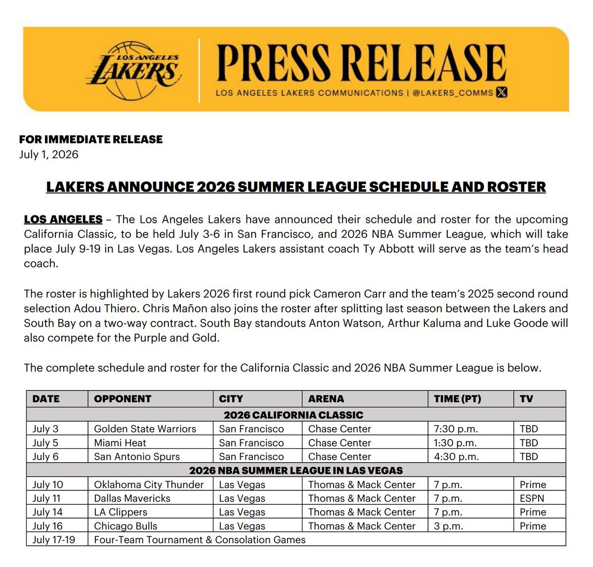 TrevorLane's tweet photo. Lakers just announced their summer league schedule and roster: https://t.co/k64TYsSfN0