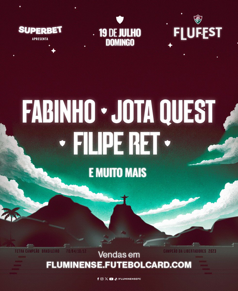 FluminenseFC's tweet photo. Atrações confirmadas! Fluminense Football Club e Superbet apresentam a #FluFest2026! 

Dois dias de festa e shows inesquecíveis para comemorar os 124 anos do nosso maior amor! 🇭🇺🇭🇺🇭🇺🇭🇺 #Flu124

Garanta agora o seu ingresso em https://t.co/1evH5IuIhW! https://t.co/IXc3OK1w7H