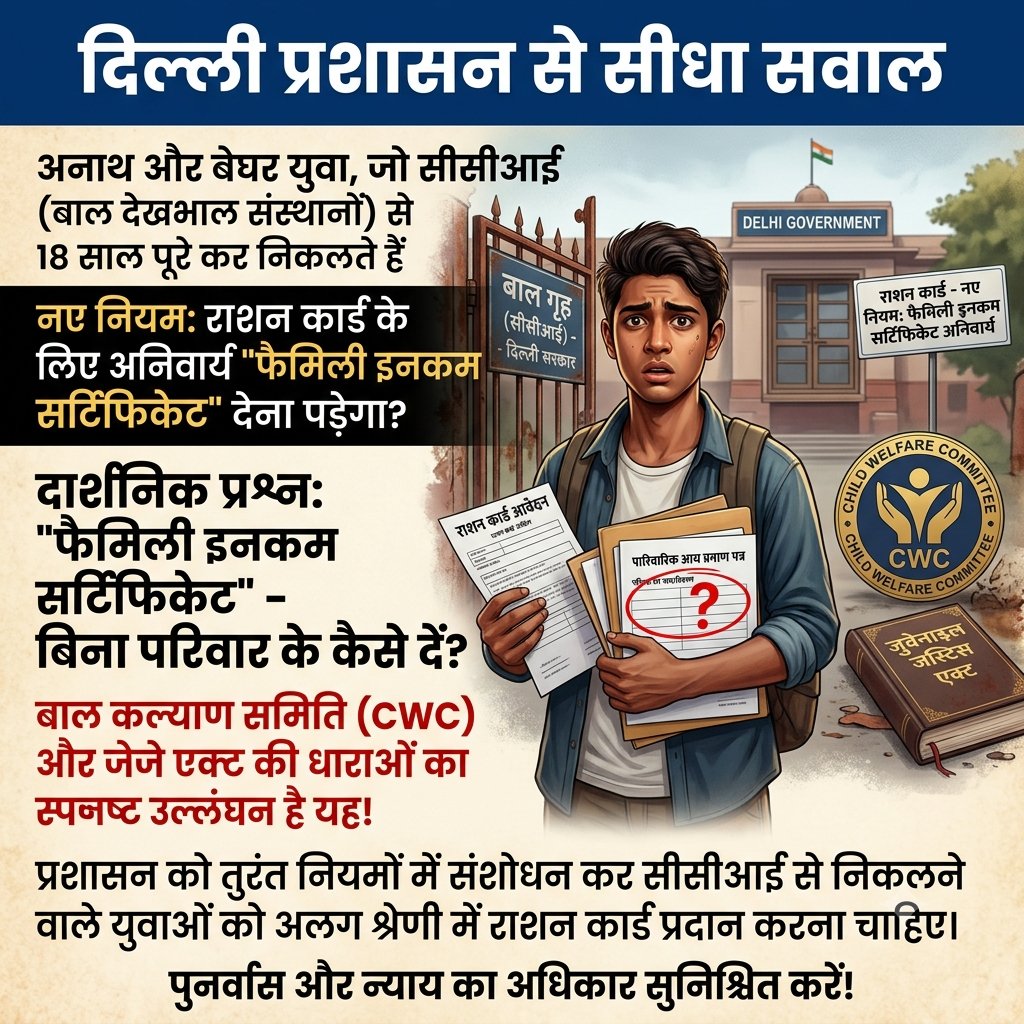 vishalmridul's tweet photo. @DelhiGovDigital दिल्ली प्रशासन से सीधा सवाल! राशन कार्ड के नए नियम के तहत 'फैमिली इनकम सर्टिफिकेट' अनिवार्य किया गया है। जो 18 साल के होकर CCI (बाल गृहों) से निकलते हैं? बिना परिवार के वो यह सर्टिफिकेट कैसे देंगे? यह जेजे एक्ट और CWC का सीधा उल्लंघन है।
@CMODelhi @ChiefSecyDelhi https://t.co/dwWA1KuJhY