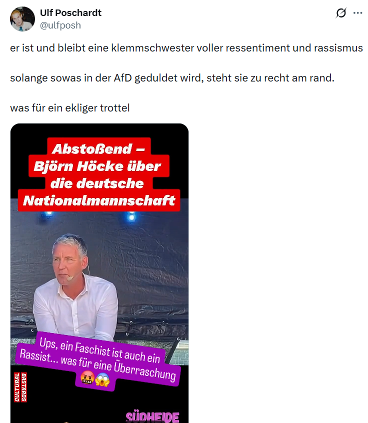 LetGoBrandon8's tweet photo. @KoeppelRoger @ulfposh @YouTube Was finden sie Grossartig? Asoziale Hetze, getrieben von niederem Intellekt im Verbund mit fehlender Selbstreflektion? 
Mit dieser inszenierten Schützenhilfe tun sie sich selbst keinen gefallen. https://t.co/tqFRehqw47