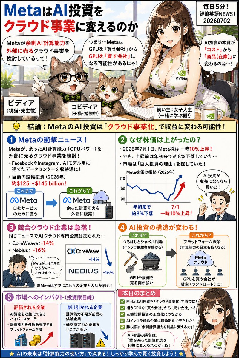 tentengu's tweet photo. MetaがAIクラウド企業になるかもしれない。
このニュース、英語学習としても投資テーマとしてもかなり面白いです。

ポイントは「AI設備投資はコストなのか、売れる在庫なのか」。
CoreWeaveやNebiusが売られ、Metaが買われた理由を、英文和訳と米国株目線で
深掘りしました。
https://t.co/opj0txxvKO