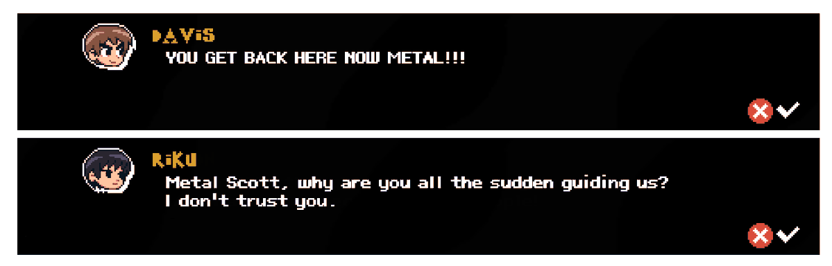 spxfanconcept's tweet photo. David Cook (now renamed Davis Cooke) and Riku Kentrell's dialogue when defeating Metal Scott the 2nd time at High Park near Casa Vania.

A first mockup dialogue for Scott Pilgrim EX i guess 😅 https://t.co/UrhA4HV9DZ