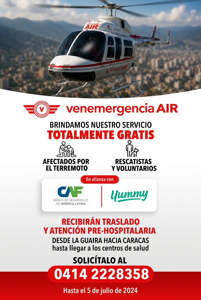 ENTRAconsulting's tweet photo. Venemergencia AIR
BRINDAMOS NUESTRO SERVICIO, TOTALMENTE GRATIS.
En alianza con:
CAF | Yummy
RECIBIRÁN TRASLADO Y ATENCIÓN PRE-HOSPITALARIA
DESDE LA GUAIRA HACIA CARACAS
hasta llegar a los centros de salud
SOLICÍTALO AL: 0414 2228358
Hasta el 5 de julio de 2026 https://t.co/zLaCxBfXHl