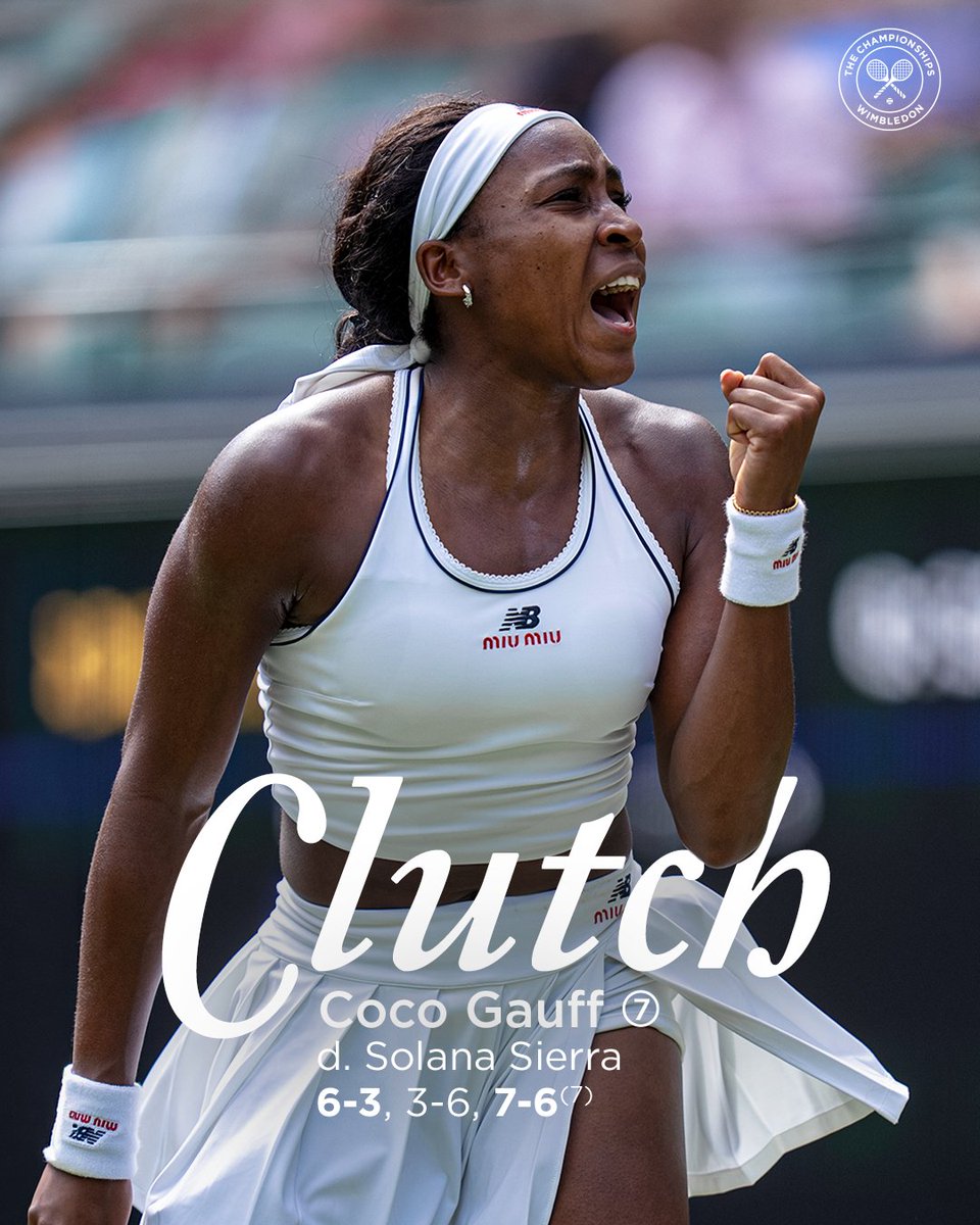 Wimbledon's tweet photo. ICE COLD COCO 🥶

Down 4-7 in the match tie-break, Gauff won the next six points to secure a remarkable victory on No.1 Court 

#Wimbledon https://t.co/PytYPgNx6C