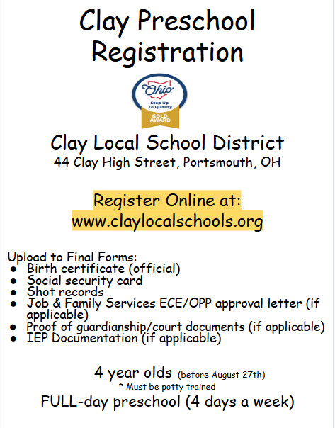 claylocalsd's tweet photo. Clay Preschool Registration https://t.co/f9vfxfcNJM via @ParentSquare https://t.co/GQ6onefA6u