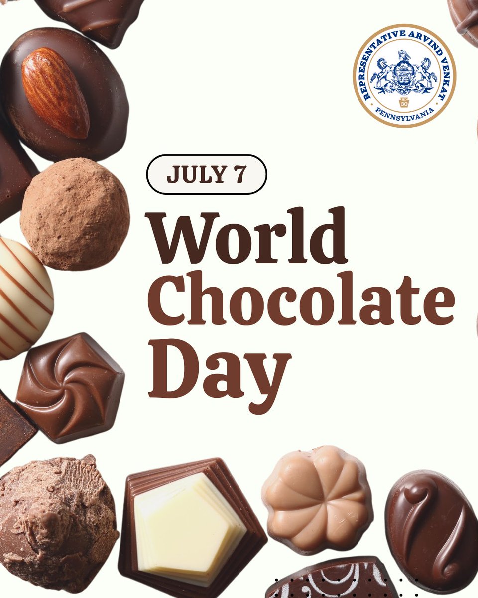 RepVenkat's tweet photo. July 7th marks World Chocolate Day! I hope you get a chance to enjoy a chocolatey treat today to celebrate this sweet holiday. https://t.co/hnhTktR2wO