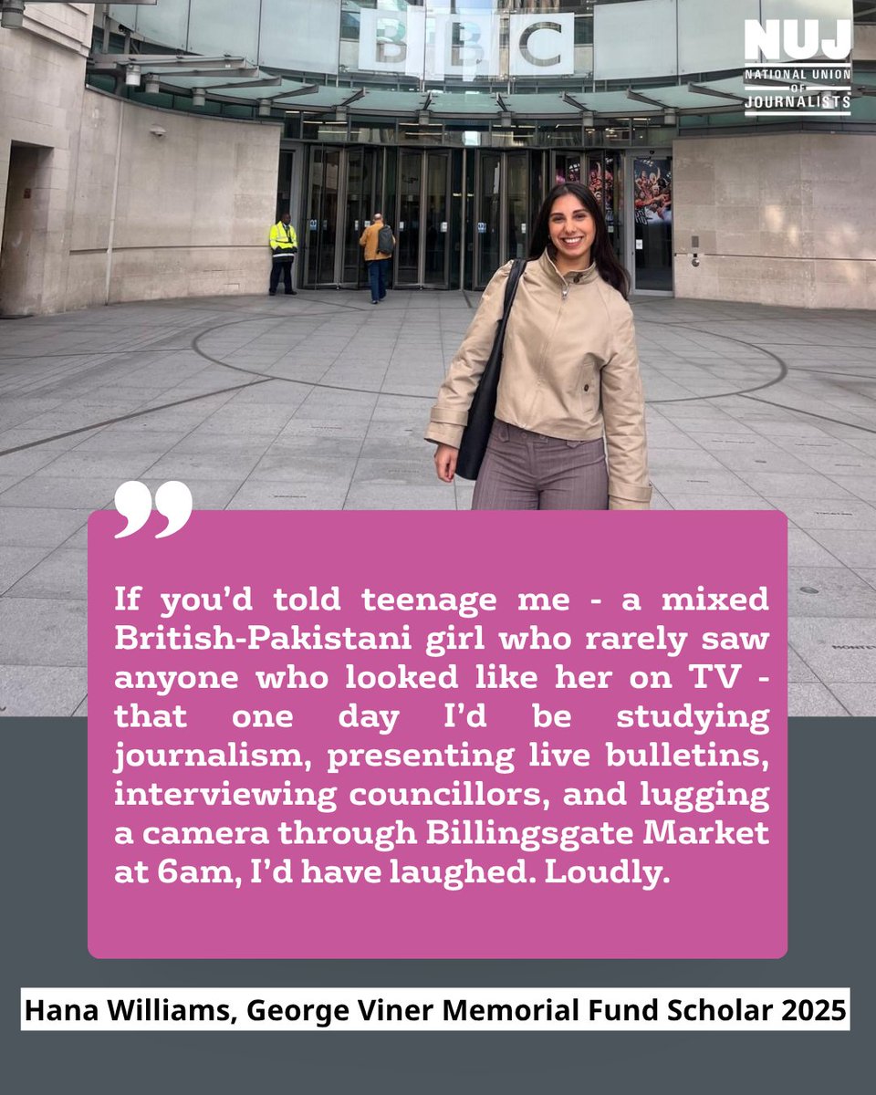 NUJofficial's tweet photo. Hana Williams, 2025 George Viner Scholar, reflects on her journalism education and career so far.

The NUJ's George Viner Memorial Fund aims to improve diversity in the British and Irish media by providing bursaries to Black and minority ethnic student journalists. 

The deadline to apply is 31 July: https://t.co/a2DbWzjXwA