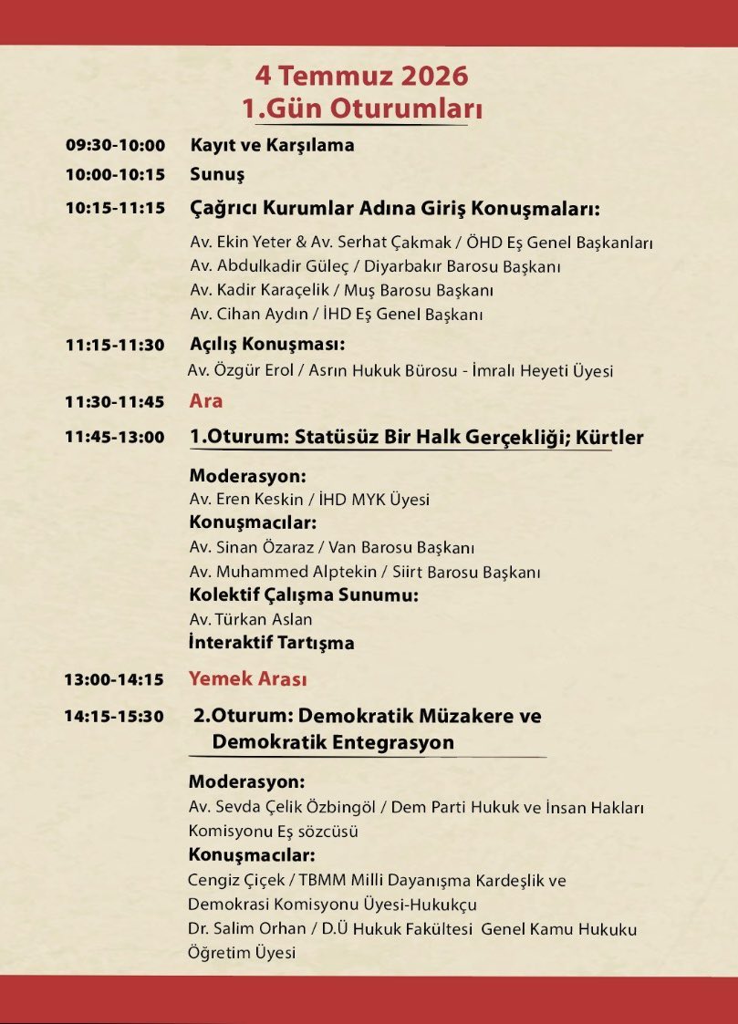 DEMPartiHukuk's tweet photo. "Özgürlük, Statü ve Barış için Demokratik Hukuk" şiarıyla gerçekleştirilecek Demokratik Kürt Hukukçular Konferansı'nın programı belirlendi. Katılımınızdan onur duyarız.

📆 4-5 Temmuz 2026

📍 ÇandAmed Kongre Merkezi https://t.co/pHGhCDYIhC
