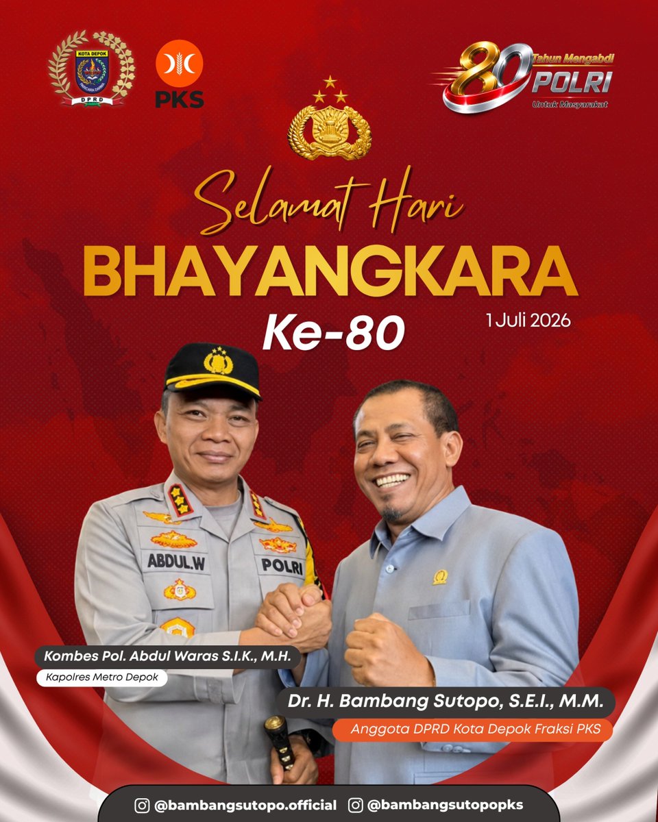 Bambangsutop0's tweet photo. ๐ฎ๐ฉSelamat memperingati Hari Bhayangkara ke-80. Smg Polri senantiasa menjadi institusi yg profesional, humanis, presisi, serta semakin dekat dg masyarakat dlm menjaga keamanan, ketertiban,dan penegakan hukum demi terwujudnya Indonesia yg aman, maju, dan sejahtera. #hutpolri https://t.co/SdafpQPfRS