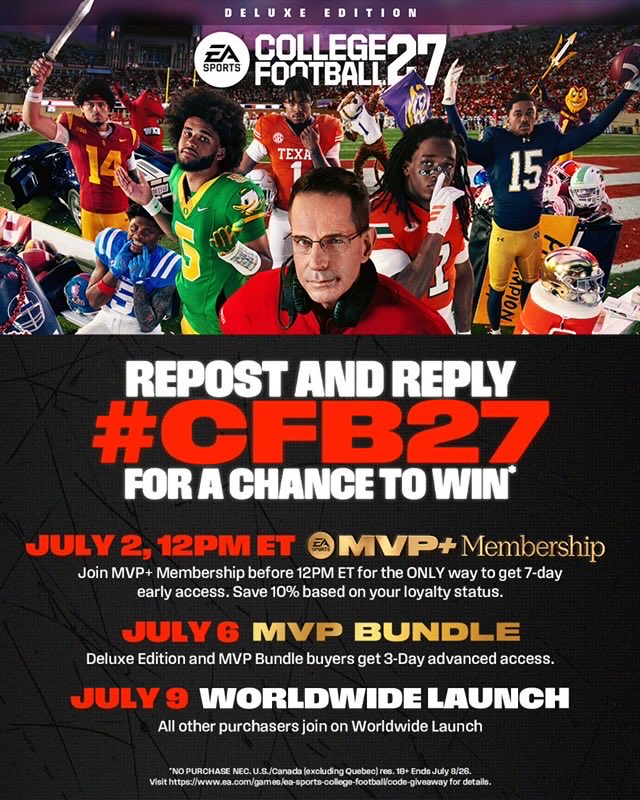 Ryanwms1's tweet photo. Want to play CFB27 7-Days early with MVP+ Members?

I’ve teamed with @EASportsCollege to give away some codes!

Repost and reply with #CFB27 for a chance to win a DLX Code. https://t.co/BeuF0lhxFq
