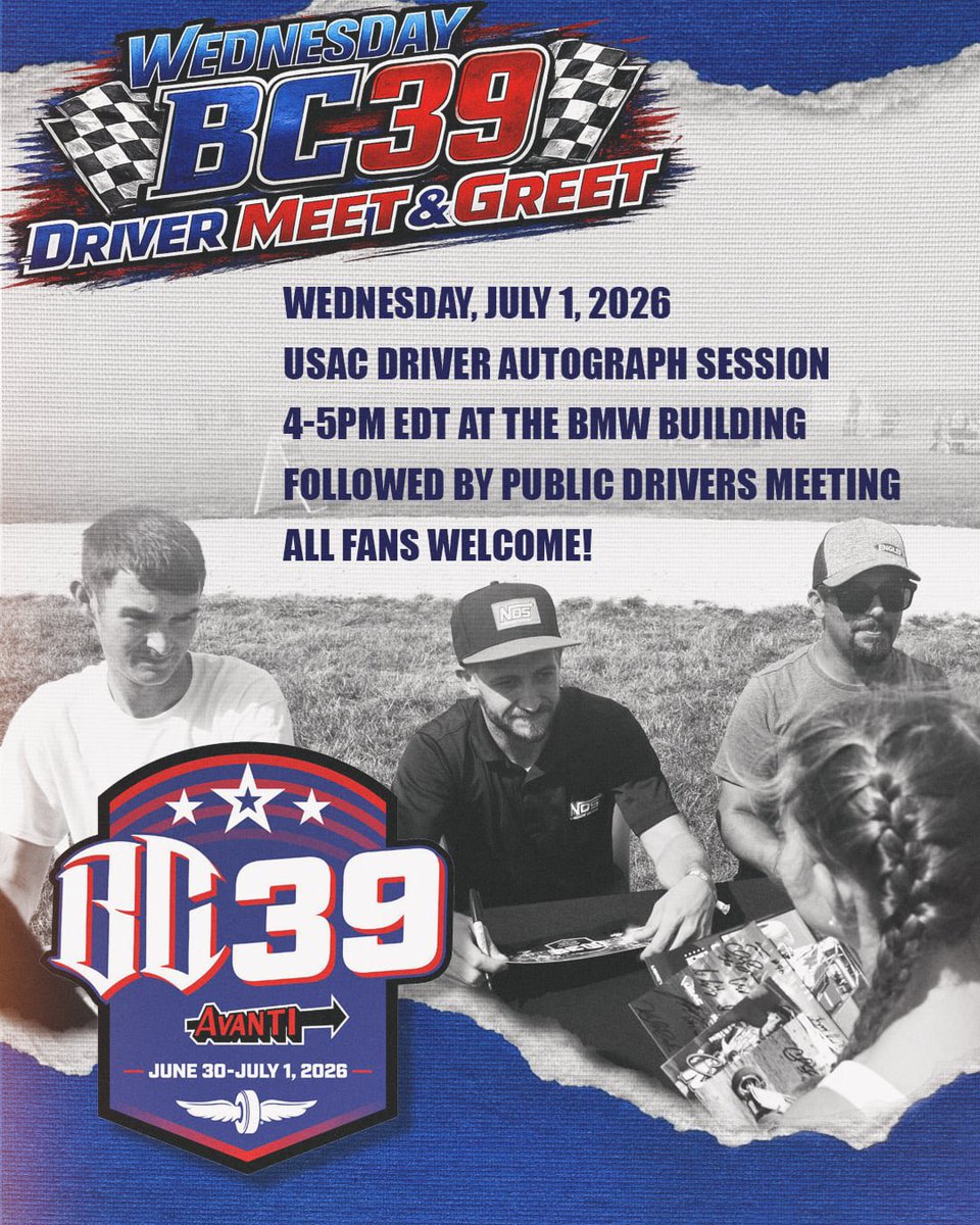 USACNation's tweet photo. #BC39 Driver Meet &amp; Greet!

Today, get autographs from your favorite USAC @NosEnergyDrink National Midget drivers at @IMS.

Join us at the BMW building out in between turns 3-4 from 4-5pm ET, then stay for the public USAC drivers meeting at 5pm! https://t.co/ye3TZmgv9b