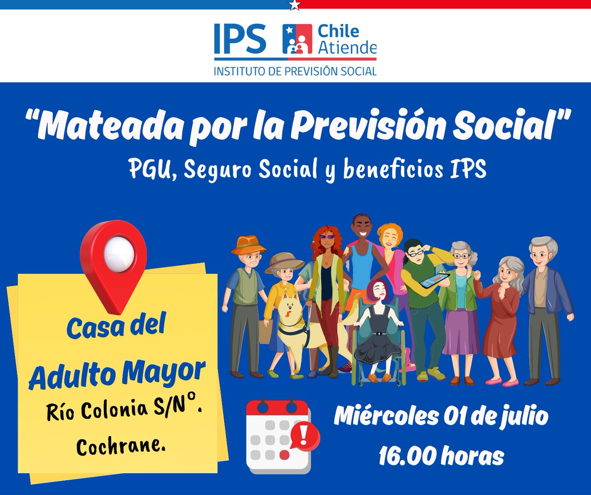 IPS_Aysen's tweet photo. 📣Cochraninos y cochraninas, les invitamos para #HOY miércoles 01 de julio, a las 16.00 hrs en la Casa del Adulto Mayor a la "Mateada por la Previsión Social"🧉
Conversaremos de los nuevos beneficios de la Reforma de Pensiones: Aumento #PGU, Seguro Social Previsional y más‼️🤓🤗 https://t.co/fXAdqx08xW