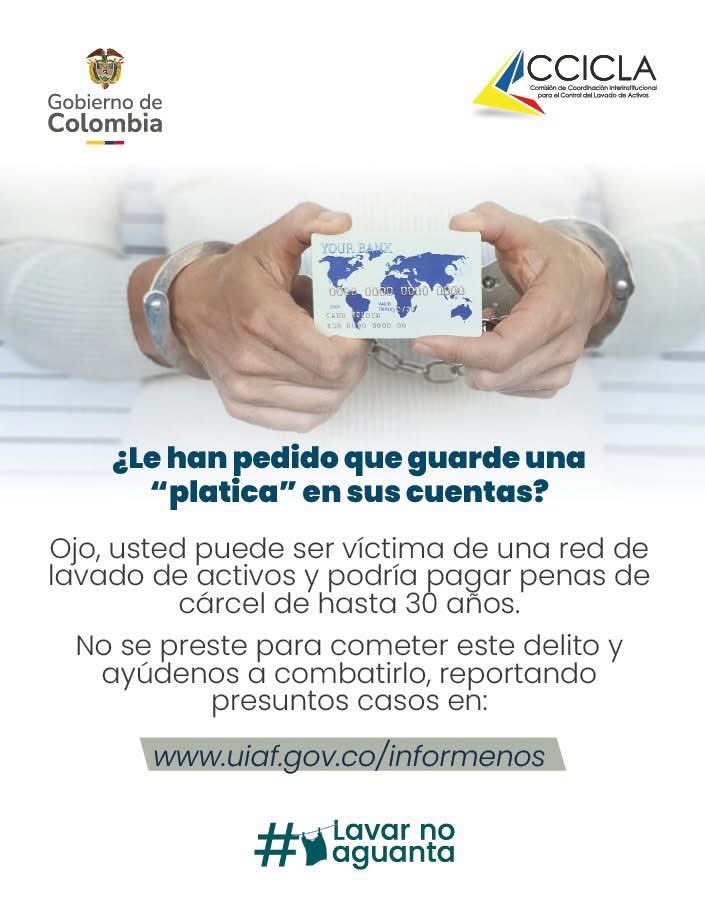 Ministerio_TIC's tweet photo. Reacciona ante señales de alerta y reporta de forma segura cualquier operación sospechosa relacionada con el lavado de activos o el financiamiento del terrorismo en: 

https://t.co/EnK5PMMkDZ

#LavarNoAguanta https://t.co/Bt7xWBPDd1