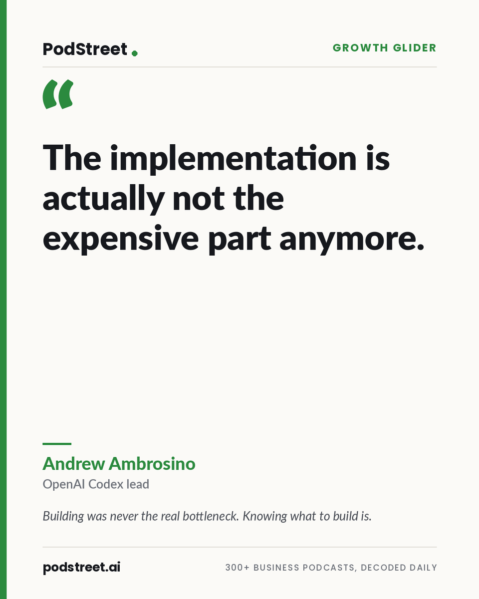 chrisdessi's tweet photo. "The implementation is actually not the expensive part anymore." — @ajambrosino , @OpenAI  Codex lead. Building was never the real bottleneck. Knowing what to build is. 🎧 https://t.co/bUHzHsVUoY #AI #ProductManagement #BuildInPublic @podstreetHQ https://t.co/nNC9Hprc07