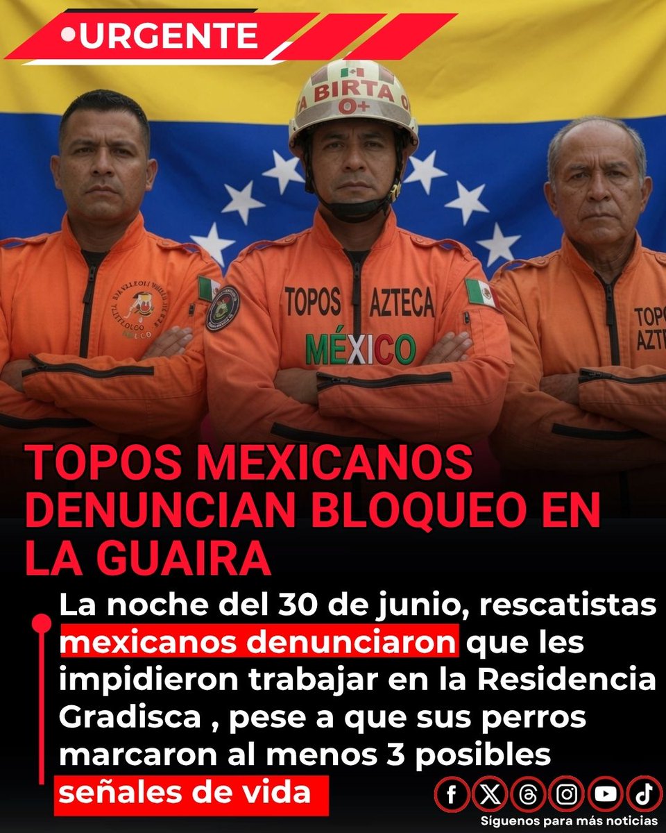 EnsedeCiencia's tweet photo. 🚨Topos Mexicanos denuncian que les impidieron trabajar en La Guaira

La noche del martes 30 de junio, un equipo de rescatistas mexicanos del grupo Los Topos denunció que funcionarios venezolanos les impidieron iniciar labores de búsqueda y rescate en el edificio colapsado Residencia Gradisca, en el sector Las Quince Letras de Macuto, La Guaira.

Según la denuncia, sus perros de rescate marcaron al menos 3 puntos donde podría haber personas con vida bajo los escombros. Sin embargo, una cuadrilla de Corpoelec, bajo órdenes de un general, bloqueó el acceso y exigió primero recuperar un cad*ver.  La denuncia fue reportada alrededor de las 23:00 del 30 de junio y ha circulado en videos grabados en el lugar.