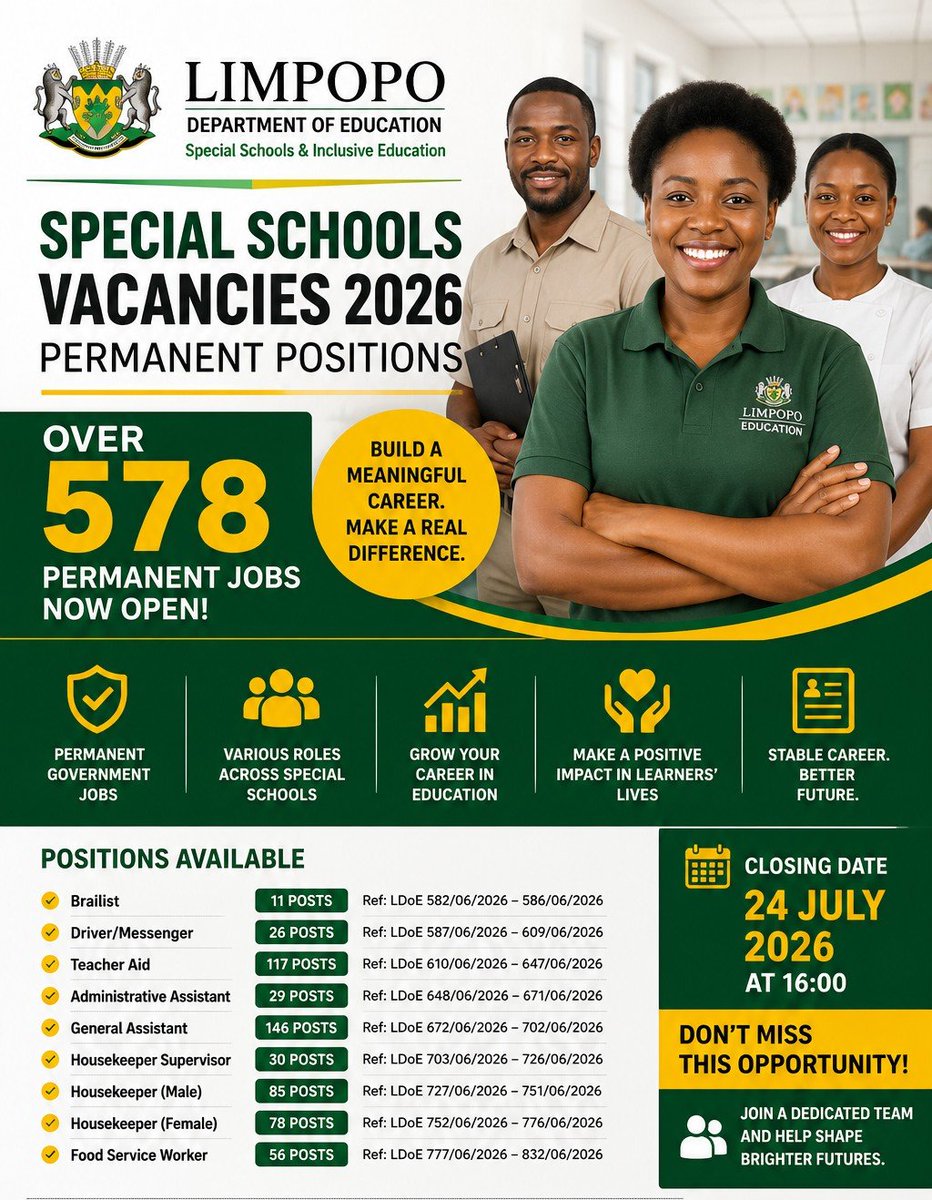 CarolBoitumelo1's tweet photo. 📌X578 Department of Education Permanent Vacancies Available

- Brailist
- Driver/Messenger
- Teacher Aid
- Administrative Assistant
- General Assistant
- Housekeeper Supervisor
- Housekeeper (Male & Female)
- Food Service Worker

Min Requirements: Grade 10, Grade 12, or relevant qualifications (depending on the post).

Location: Various districts across Limpopo

Closing Date: 24 July 2026

Note: Visit Their Official Site To Apply 

Full Details: https://t.co/kVd9om3c7I