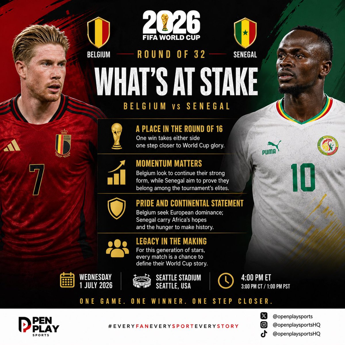 openplaysports's tweet photo. Belgium’s control meets Senegal’s intensity in Seattle.

One place in the Round of 16. One mistake could end it all.

#WorldCup2026 #BELSEN #Belgium #Senegal #OpenPlaySports https://t.co/Hz1m9ouCMM
