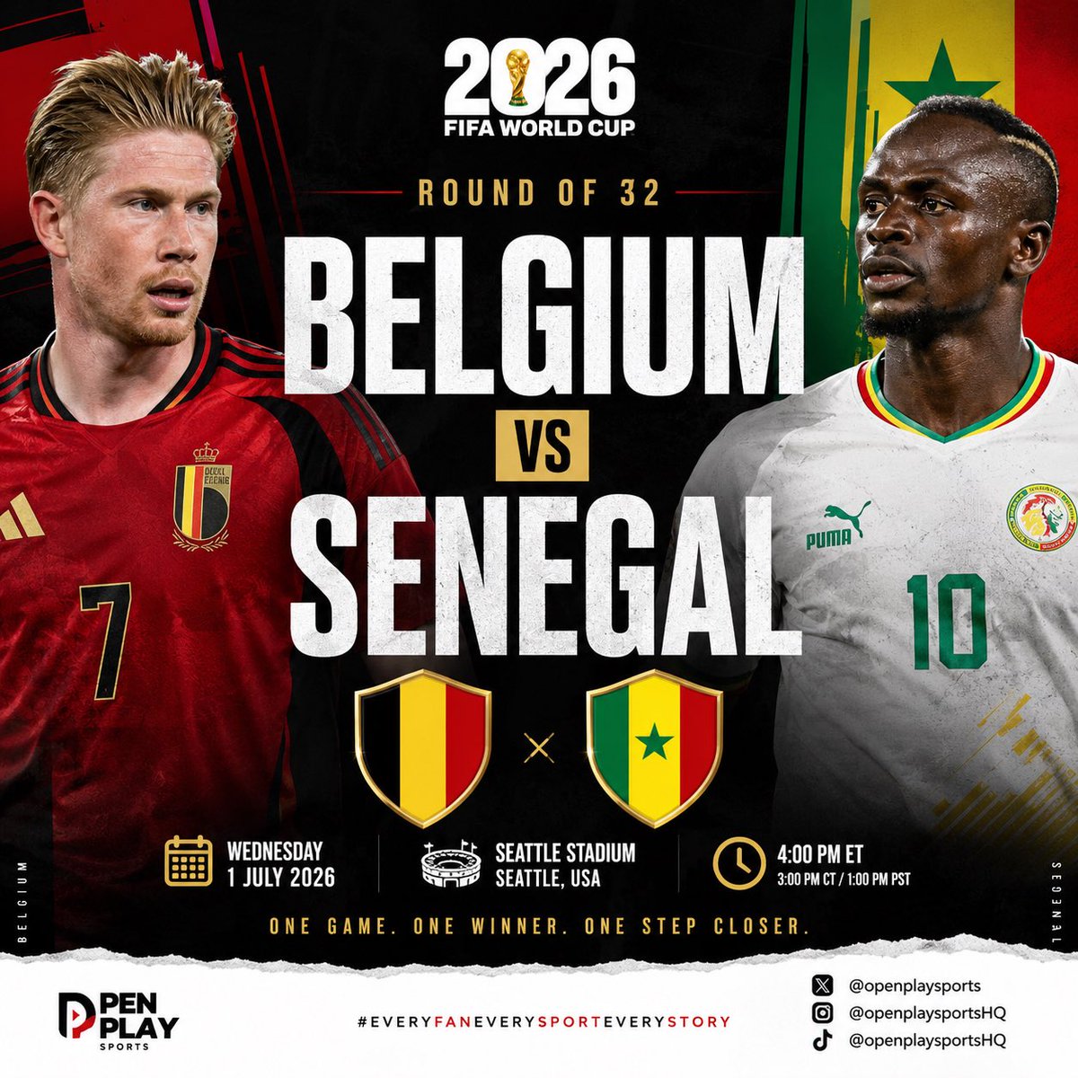 openplaysports's tweet photo. Belgium’s control meets Senegal’s intensity in Seattle.

One place in the Round of 16. One mistake could end it all.

#WorldCup2026 #BELSEN #Belgium #Senegal #OpenPlaySports https://t.co/Hz1m9ouCMM