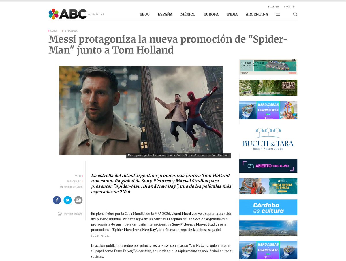 ABCMundial's tweet photo. Messi protagoniza la nueva promoción de "Spider-Man" junto a Tom Holland
🕷️⚽ Messi entra al universo de Spider-Man
#LionelMessi #SpiderMan #TomHolland #Marvel #ABCMundial
📲 Todos los detalles
https://t.co/hSIKyGGftt https://t.co/OhtqCN3mXK