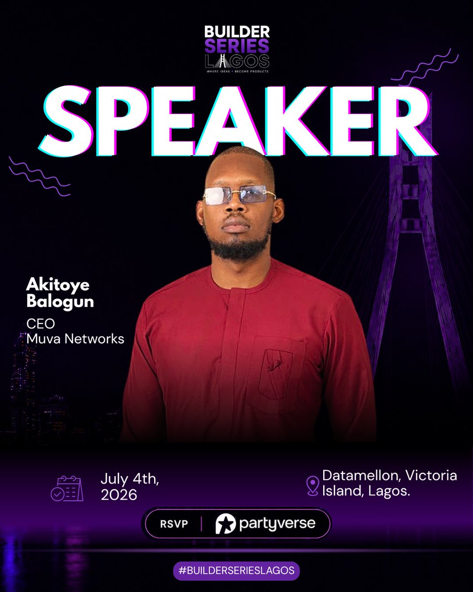 BuilderseriesLA's tweet photo. Meet Akitoye Balogun, CEO of Muva Networks

From fintech and enterprise technology to cross-border payments, Akitoye will share insights on building products with global impact.

📅 July 4, 2026
📍 Datamellon, Victoria Island, Lagos

#BuilderSeriesLagos #Fintech #TechNigeria https://t.co/khPcjMMW6n
