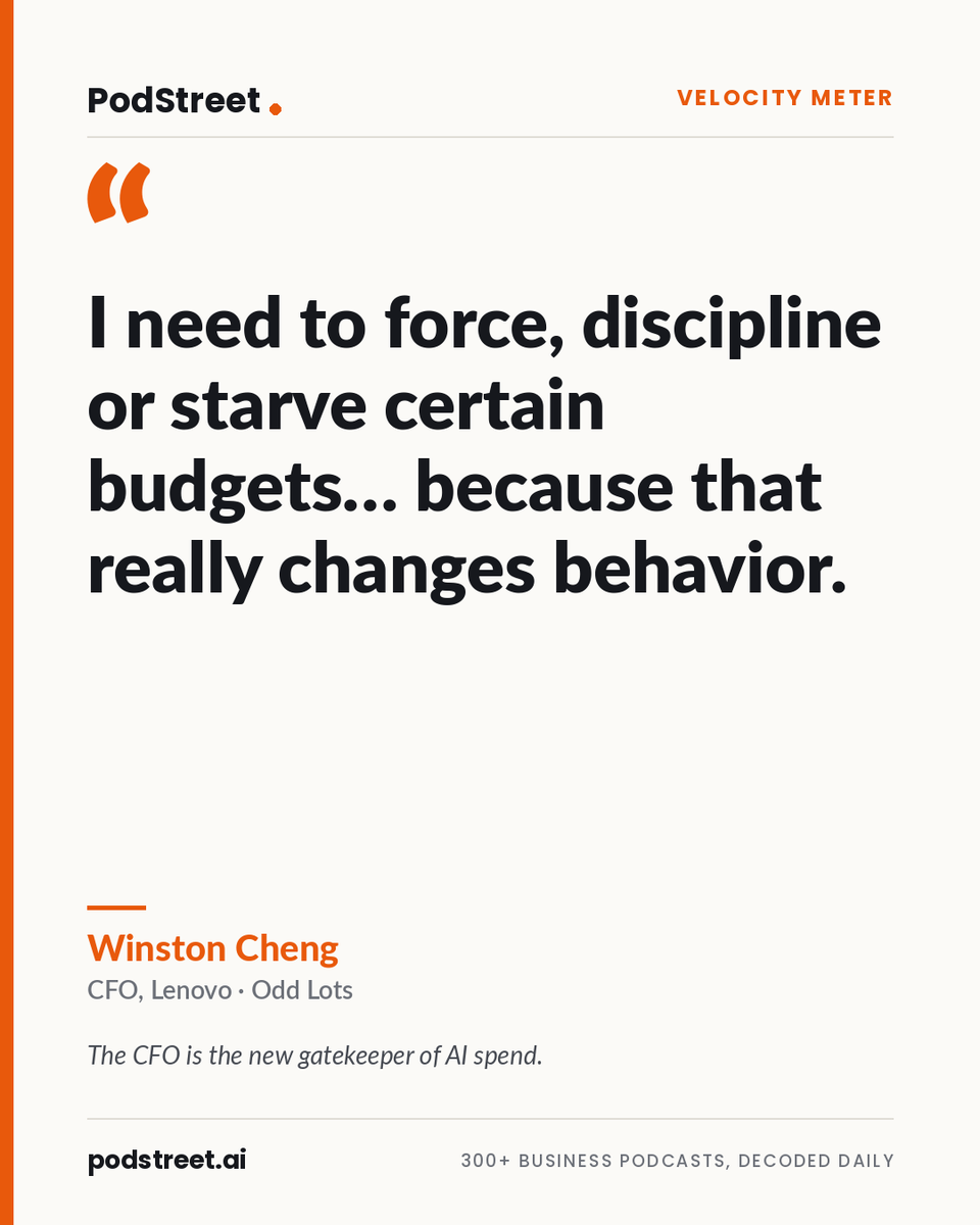 chrisdessi's tweet photo. "I need to force, discipline or starve certain budgets… because that really changes behavior." —  Winston Cheng, CFO of @Lenovo , on OddLots. The CFO is the new gatekeeper of AI spend. 🎧 https://t.co/bUHzHsWsew #CFO #AI #FinTwit
@podstreetHQ https://t.co/gLJtWTPjcm