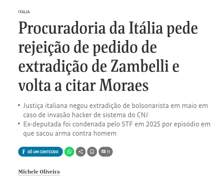 leandroruschel's tweet photo. Mais um revés para o regime brasileiro, agora vindo de dentro do próprio Ministério Público italiano

No segundo pedido de extradição de que Carla Zambelli é alvo na Itália, a procuradoria virou de lado. Na audiência de 22 de maio ela ainda se manifestava a favor da entrega. Nesta quarta, mudou: acolheu a tese da defesa e passou a pedir a rejeição do pedido do governo brasileiro.

Vale lembrar como chegamos aqui. No primeiro caso, aquele da condenação pela invasão do sistema do CNJ para inserir um mandado de prisão falso contra Moraes, a Corte de Cassação da Itália, equivalente ao nosso Supremo, já havia negado a extradição. E não por tecnicalidade: negou porque enxergou o processo viciado na origem, com Moraes figurando ao mesmo tempo como vítima do crime e como julgador. Investigador, relator, ofendido e executor, tudo na mesma mão.

Agora o processo é outro. Trata-se da condenação pelo episódio em que Zambelli apontou uma arma contra um jornalista nas ruas de São Paulo. Aqui o relator no Supremo foi Gilmar Mendes, e a vítima é o jornalista, não Moraes. A tese da defesa, portanto, é mais indireta: sustenta que a simples presença de Moraes no colegiado bastou para contaminar também este julgamento.

E foi essa tese que a procuradoria comprou. O procurador Fabio Picuti, que não participou do julgamento anterior, sustentou que a imparcialidade de Moraes pode ter condicionado também este segundo caso, e pediu a anulação da sentença da instância inferior. A defesa resume o raciocínio sem meias palavras. Nas palavras do advogado Angelo Sammarco, um dos defensores: "Se no primeiro processo, o ministro de Moraes, como parte lesada de um dos crimes, não poderia ter feito o juiz, essa situação permanece e condiciona o segundo processo. Sua imparcialidade é comprometida".

Repare no que mudou. Pela primeira vez desde que essa novela de extradições começou, o Ministério Público do país requerido deu razão à defesa. A Corte de Cassação ainda não bateu o martelo. Mas quando é o próprio órgão acusador do Estado a quem se pede a cooperação que passa a pedir a rejeição, a derrota do regime brasileiro deixa de ser hipótese e vira prognóstico.

Está cada vez mais nítido, para quem observa de fora, aquilo que a militância de redação passou anos tentando encobrir aqui dentro. O Supremo se converteu num tribunal político, que censura e persegue seus críticos, sobretudo à direita.

E não é o Judiciário de qualquer país que está dizendo isso. É o da Itália, berço das principais teses garantistas que os nossos "juristas" tanto veneram. Quando o próprio inventor da régua constata que a medida brasileira está torta, não sobra a quem se apegar.