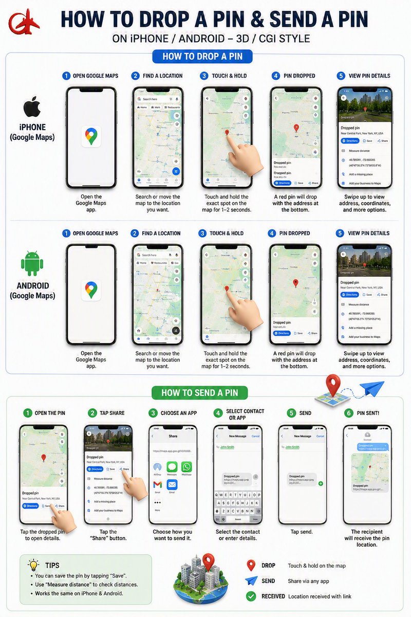 AvKeep's tweet photo. 📍Know how to drop a pin before you need one.

Whether you're reporting an incident, directing emergency services, meeting colleagues, or sharing a point of interest, knowing how to accurately drop and send a location pin is a simple skill that can save valuable time.

Our latest infographic provides a quick, step-by-step guide for both iPhone and Android users.

Simple. Practical. Essential.

#GoogleMaps #iPhone #Android #EmergencyPreparedness #TravelTips #Security #AviationSecurity #OSINT #SituationalAwareness #AvGeek