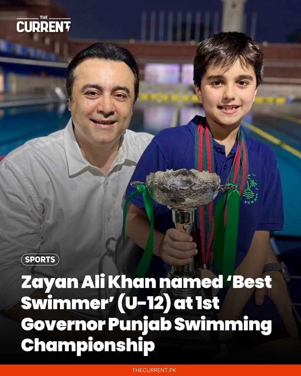 TheCurrentPK's tweet photo. Zayan Ali Khan, son of journalist Mansoor Ali Khan, has been named ‘Best Swimmer’ (U-12) at the 1st Governor Punjab Swimming Championship 2026, winning three gold and two silver medals.

@_Mansoor_Ali 

#TheCurrent https://t.co/HtMFeSMo8i