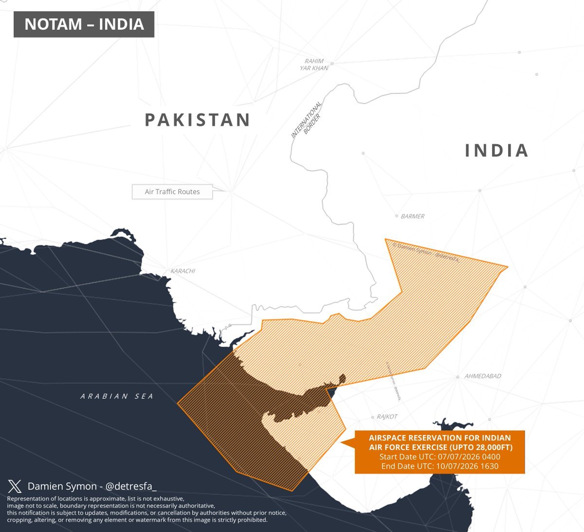 ParthVa53135321's tweet photo. #NOTAM over Rajasthan and Gujrat extending to Arabian sea for @IAF_MCC Excerise from 7 to 10th July
Upto 28k ft https://t.co/WFmfZj9oMP