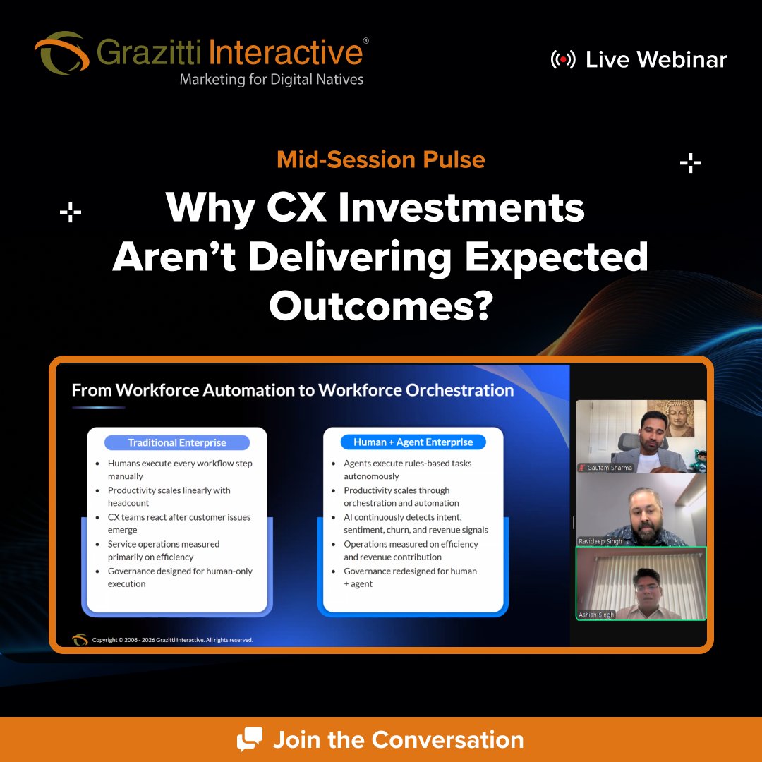 Grazitti's tweet photo. We’re midway through the conversation.  
Our experts, Gautam &amp; Ashish, are unpacking why enterprises still struggle with fragmented CX, broken escalations, delayed AI signals, and what Human + Agent operations inside Salesforce actually require.
https://t.co/x23xBoq5Yp

#Grazitti https://t.co/3tW6aR3miu