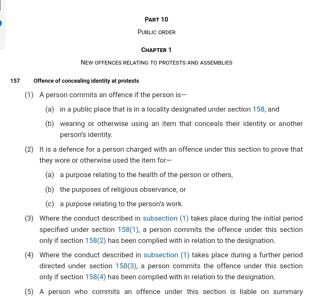 cv_cev's tweet photo. The Crime and Policing Act 2026 (section 157) came into force on 29 June.

Police can designate an area a "no-mask zone" for up to 24hrs around a protest.
Wear anything that conceals your identity there - a protective respirator included - and you have committed an offence.

2/ https://t.co/aBWP4LSdYV