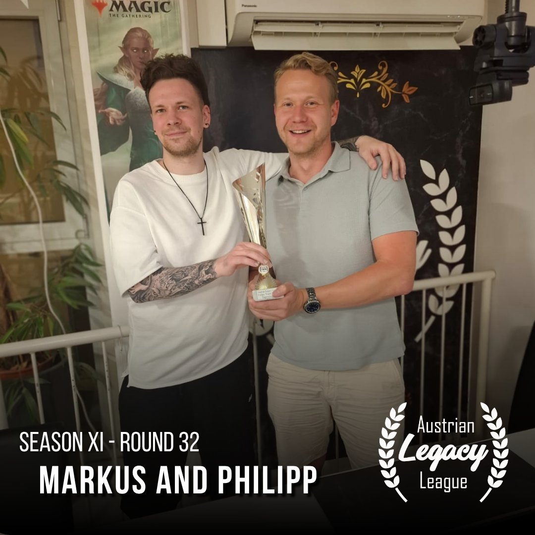 Austrian_Legacy's tweet photo. ⚔️Round 32⚔️

@MarkThemSpots  takes the win with UR Tempo, but the biggest story might be the return of 4 Horsemen.

A true blast from Legacy's past, @phinekmtg  piloted the classic combo deck all the way to 2nd place.

With one round left, the race for Season XI is almost over. https://t.co/jhnuOrL3XN