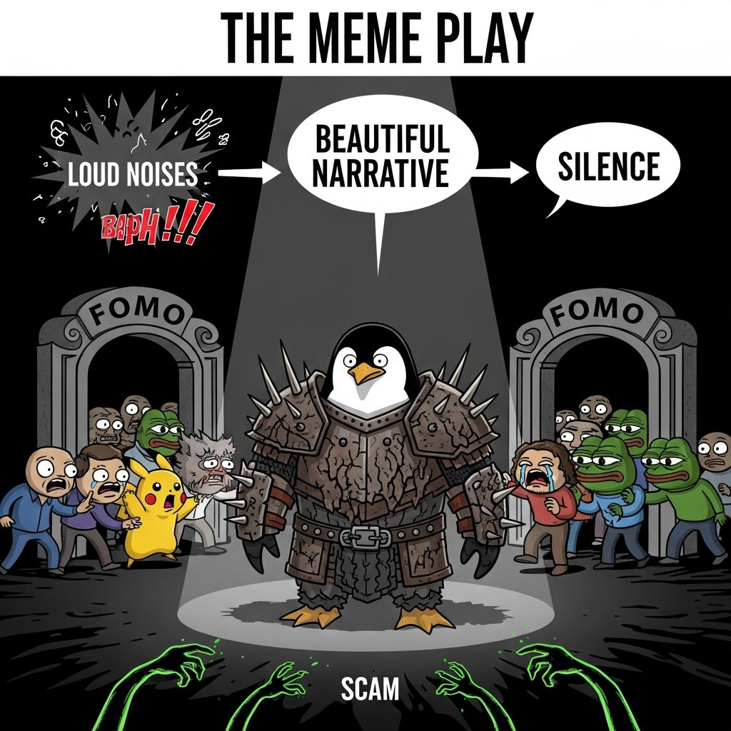 Alaric_knight's tweet photo. What is the performance in memes: noise, confidence, a polished narrative, and then silence, where the scam is hiding. People enter not because they see meaning, but because they’re afraid of missing someone else’s legend, even if that legend was a trap from the start.

$Ansem https://t.co/qvNKDwAGTG