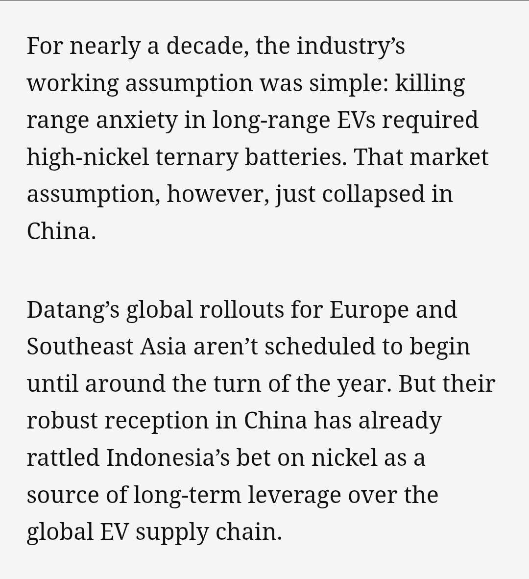 scottlincicome's tweet photo. Fascinating: China's BYD has developed nickel-free EV battery that's already in high demand in China and could, if widely used, implode Indonesia's plan for cornering the global nickel market. https://t.co/4s0zq80mAg https://t.co/3JU45qbnI8