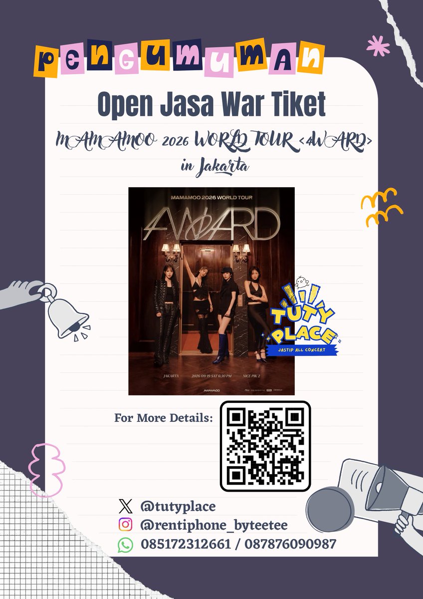 tutyplace's tweet photo. OPEN JASA WAR (JASWAR) TIKET MAMAMOO 2026 WORLD TOUR <4WARD> IN JAKARTA

🌟 Fee Bookslot : 50K 🌟

✅ Self Payment &amp; Pakai Data Sendiri
✅ Pay Fee After Secured
✅ Trusted

🔗 https://t.co/92U9OuUii3

‼️ VERY LIMITED SLOT ‼️
#MAMAMOO #4WARD https://t.co/sVEFFoqWXF