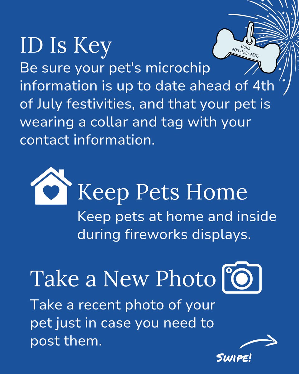 okhumane's tweet photo. A little preparation can make a big difference in keeping your furry family members safe this Fourth of July. Swipe through for a few simple tips to help keep your pets calm, secure, and at home where they belong.

#PetSafety #FourthOfJuly #OKHumane #AdoptDontShop #KeepPetsSafe https://t.co/ToGbelmvNY