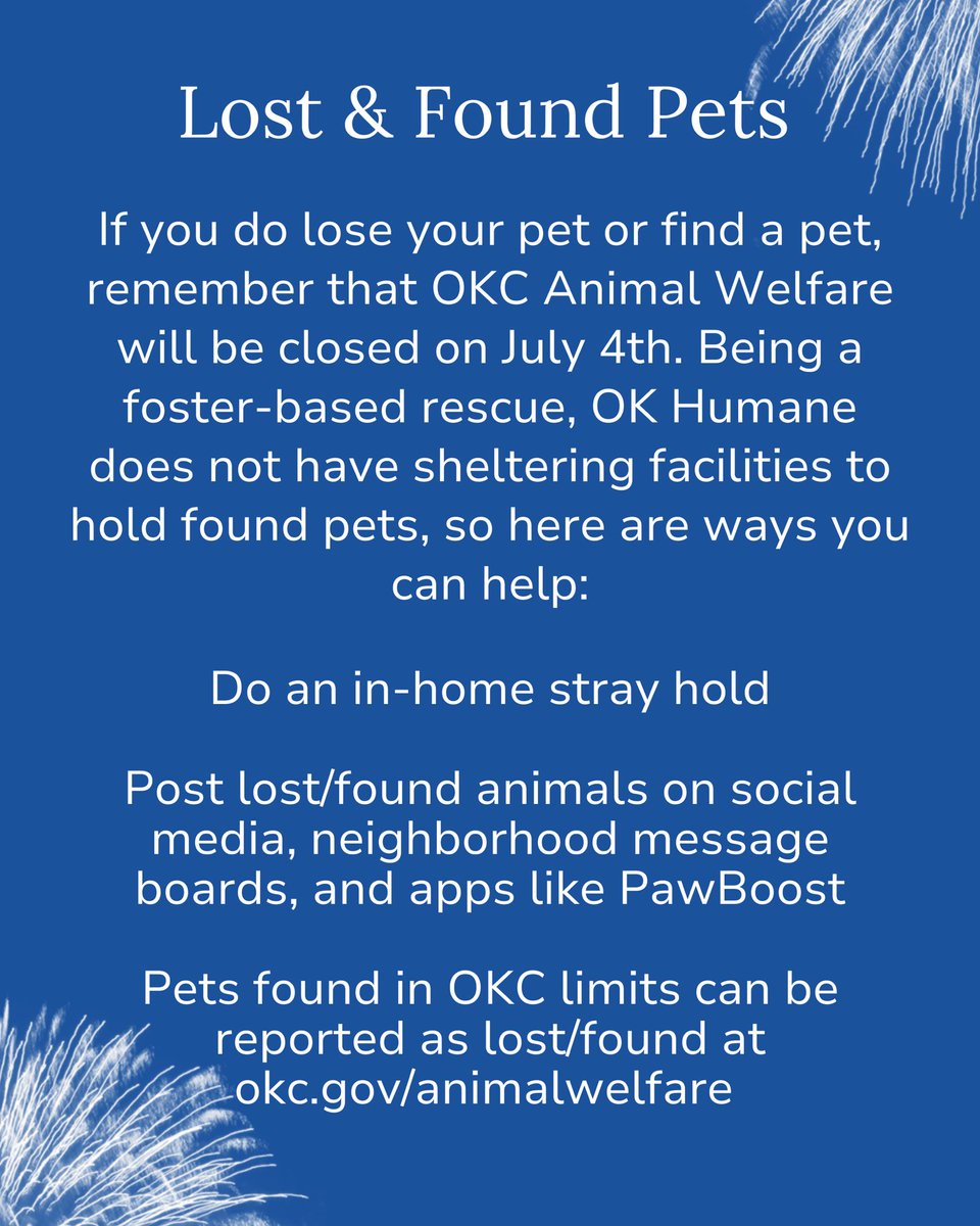 okhumane's tweet photo. A little preparation can make a big difference in keeping your furry family members safe this Fourth of July. Swipe through for a few simple tips to help keep your pets calm, secure, and at home where they belong.

#PetSafety #FourthOfJuly #OKHumane #AdoptDontShop #KeepPetsSafe https://t.co/ToGbelmvNY