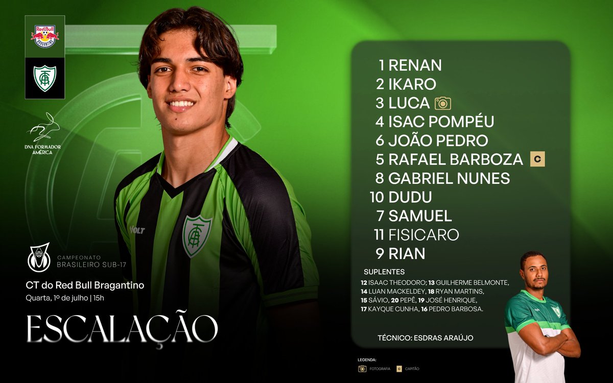 AmericaFC1912's tweet photo. #DNAFORMADOR SUB-17 ESCALADO!!! 🐰💚

Nação Americana, confira a escalação do técnico Esdras Araújo para o duelo contra o Red Bull Bragantino, às 15h, pela sexta rodada do Campeonato Brasileiro Sub-17! 👊

#AméricaÉsOMaior https://t.co/pPKv6O7FUH