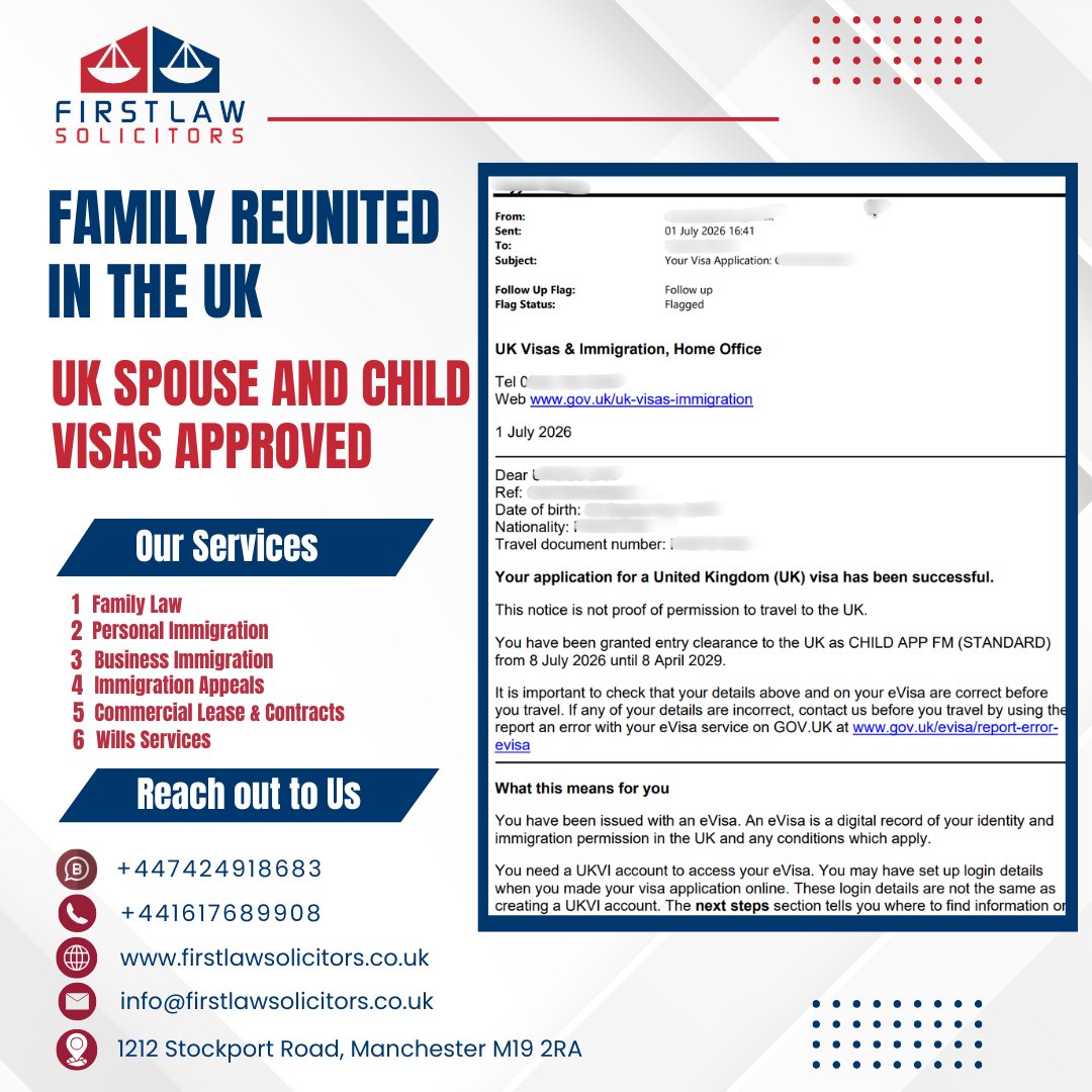 FirstLawSolicit's tweet photo. Family Reunited in the UK
Successful spouse and child dependant visa approvals secured
Call: 00441612244066
WhatsApp: +447424918683
#FirstLawSolicitors #SpouseVisa #ChildDependantVisa #FamilyVisaUK #AppendixFM #UKVIApproval #EntryClearance #UKImmigration #ImmigrationSolicitors https://t.co/q9cEY1BIwB