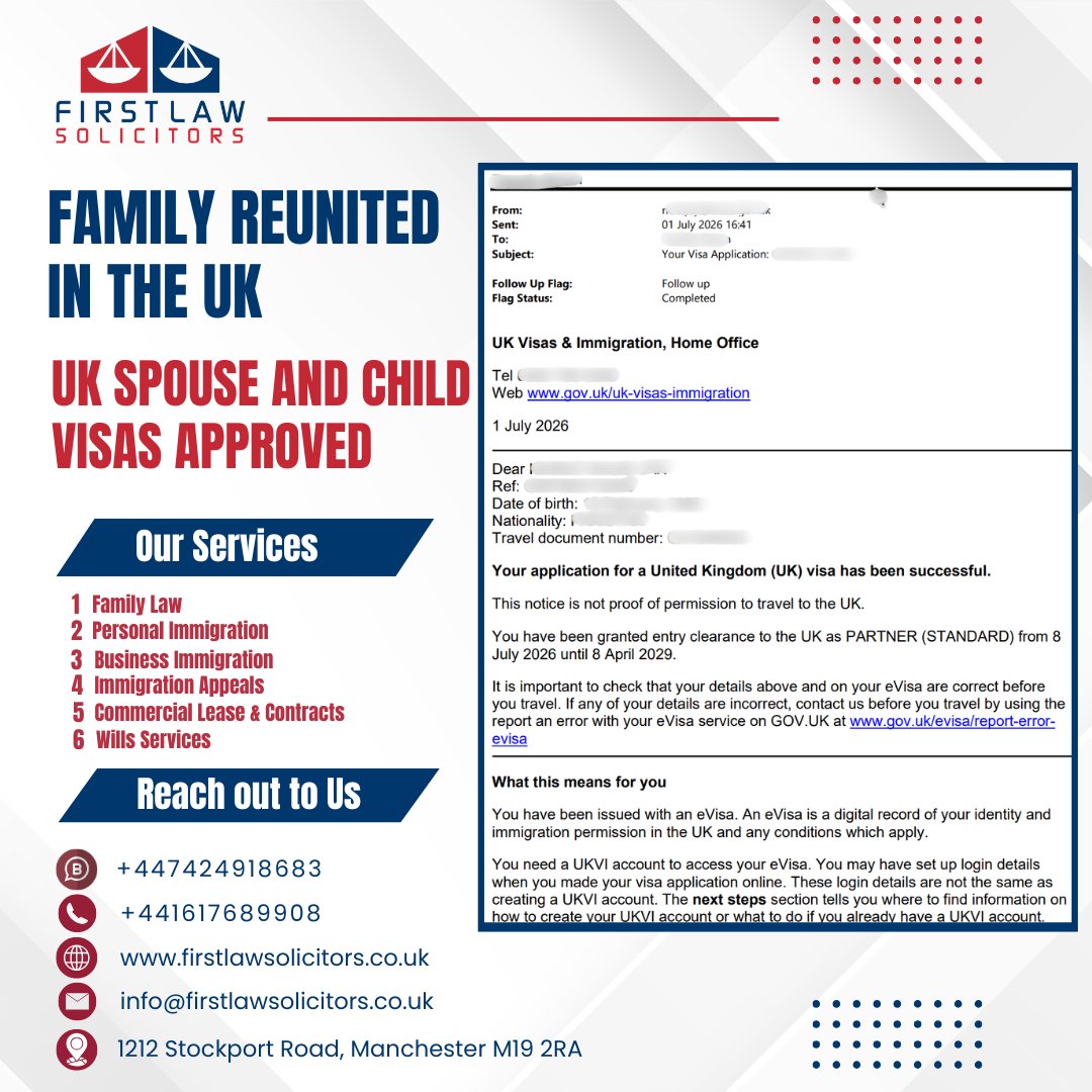 FirstLawSolicit's tweet photo. Family Reunited in the UK
Successful spouse and child dependant visa approvals secured
Call: 00441612244066
WhatsApp: +447424918683
#FirstLawSolicitors #SpouseVisa #ChildDependantVisa #FamilyVisaUK #AppendixFM #UKVIApproval #EntryClearance #UKImmigration #ImmigrationSolicitors https://t.co/q9cEY1BIwB