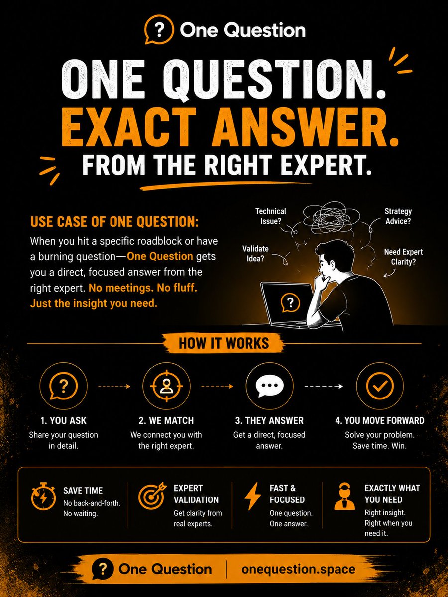 Asym_Alwali's tweet photo. > You don't always need a consultant.
> You don't need another 30-minute call.

Sometimes you just need one answer from the right person.

That's why I built One Question.

Ask once. Get unstuck. Keep building. 🚀

👉 https://t.co/v2rgEnTY79 https://t.co/7dSvVKi4lg