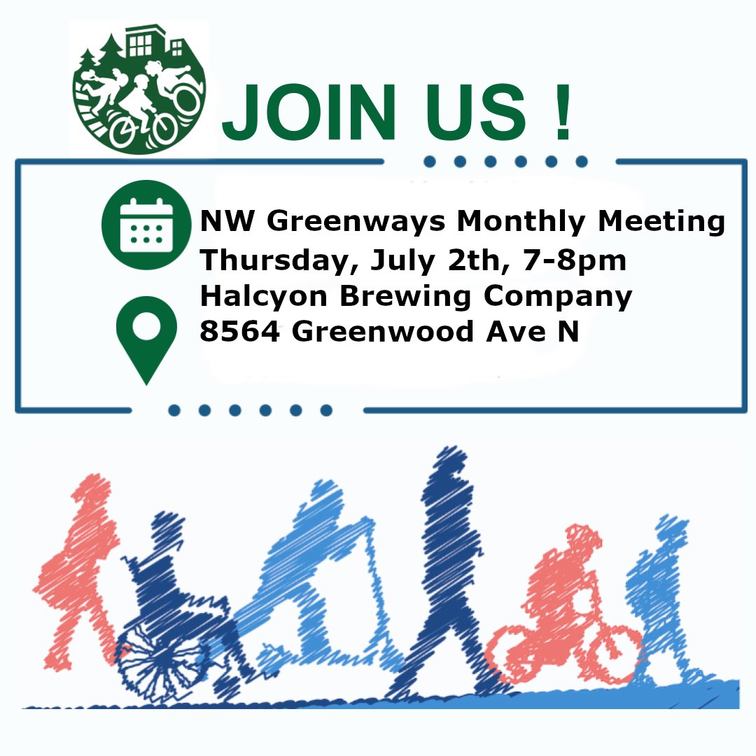 SNGreenways's tweet photo. Looking to get involved in making Northwest Seattle safer to walk, bike, and roll?

Join Northwest Greenways on Thursday, July 2, 7–8 PM at Halcyon Brewing in Greenwood. Everyone is welcome!

More info: https://t.co/YPfBIql9jh https://t.co/rIr2AfeDzo