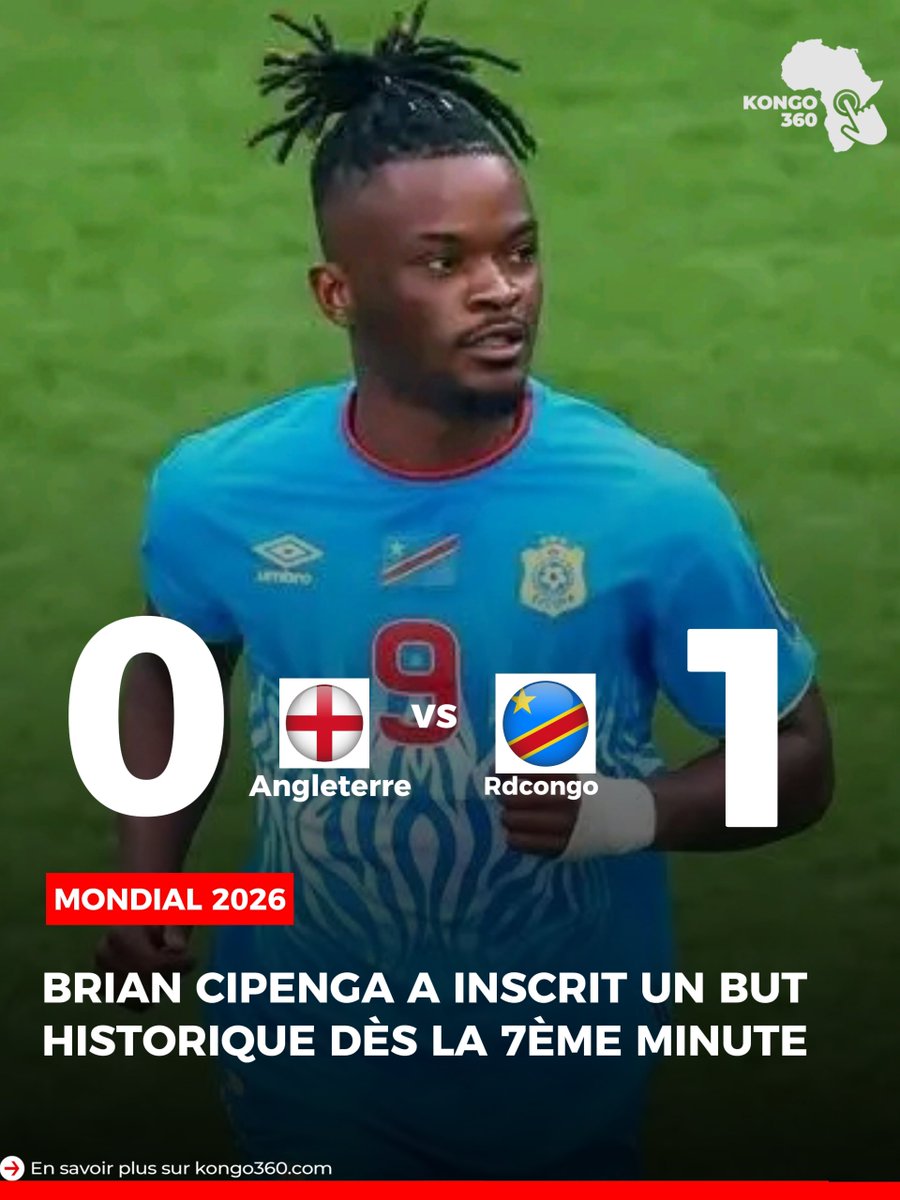Kongo_360's tweet photo. Brian Cipenga a inscrit un but historique dès la 7ème minute lors du match de seizième de finale de la Coupe du Monde opposant la République Démocratique du Congo à l'Angleterre. 
Il a parfaitement contrôlé et frappé du droit après une longue passe renversante de Chancel Mbemba, permettant aux Léopards de surprendre les Three Lions d'entrée.
#FIFAWC2026 #rdcongo🇨🇩 #angleterre🇬🇧
