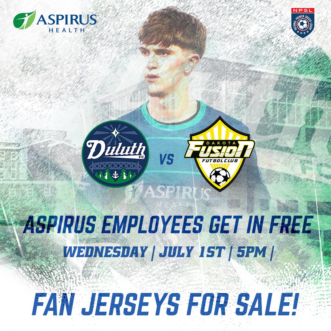 DuluthFC's tweet photo. Aspirus Appreciation Night! 🩺

Aspirus Health employees get in free with their badge. Fan jerseys will be for sale!

With a win, we host our first playoff match. A loss means we go on the road. 🚗

#DuluthFC #BlueGreens #NPSL https://t.co/OZbPu8kAwr