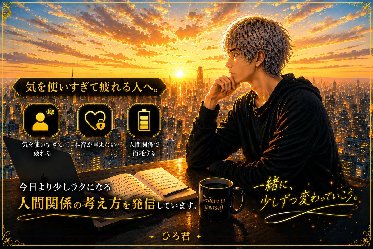 hirostage4's tweet photo. 「こう言ったら嫌われるかな。」

「断ったら空気が悪くなるかな。」

「相手は今、どう思っているんだろう。」

そんなことばかり考えて、
気づけば自分だけが疲れていませんか？

私は、相手の反応を先回りして考えることが当たり前でした。

トラブルを避けるため。
相手に嫌な思いをさせないため。

でも、その積み重ねで一番疲れていたのは自分でした。

そんな経験から気づいたことがあります。

人は、言葉より先に空気を見る。

だから大切なのは、
無理に相手へ合わせることではなく、

「安心できる空気」をお互いにつくること。

このアカウントでは、

・気を使いすぎて疲れる
・嫌われるのが怖くて本音を言えない
・人間関係で自分ばかり我慢してしまう

そんな人へ向けて、

今日より少しラクになる
人間関係の考え方を発信しています。

もし一つでも当てはまったら、
これから一緒に考えていけたら嬉しいです。