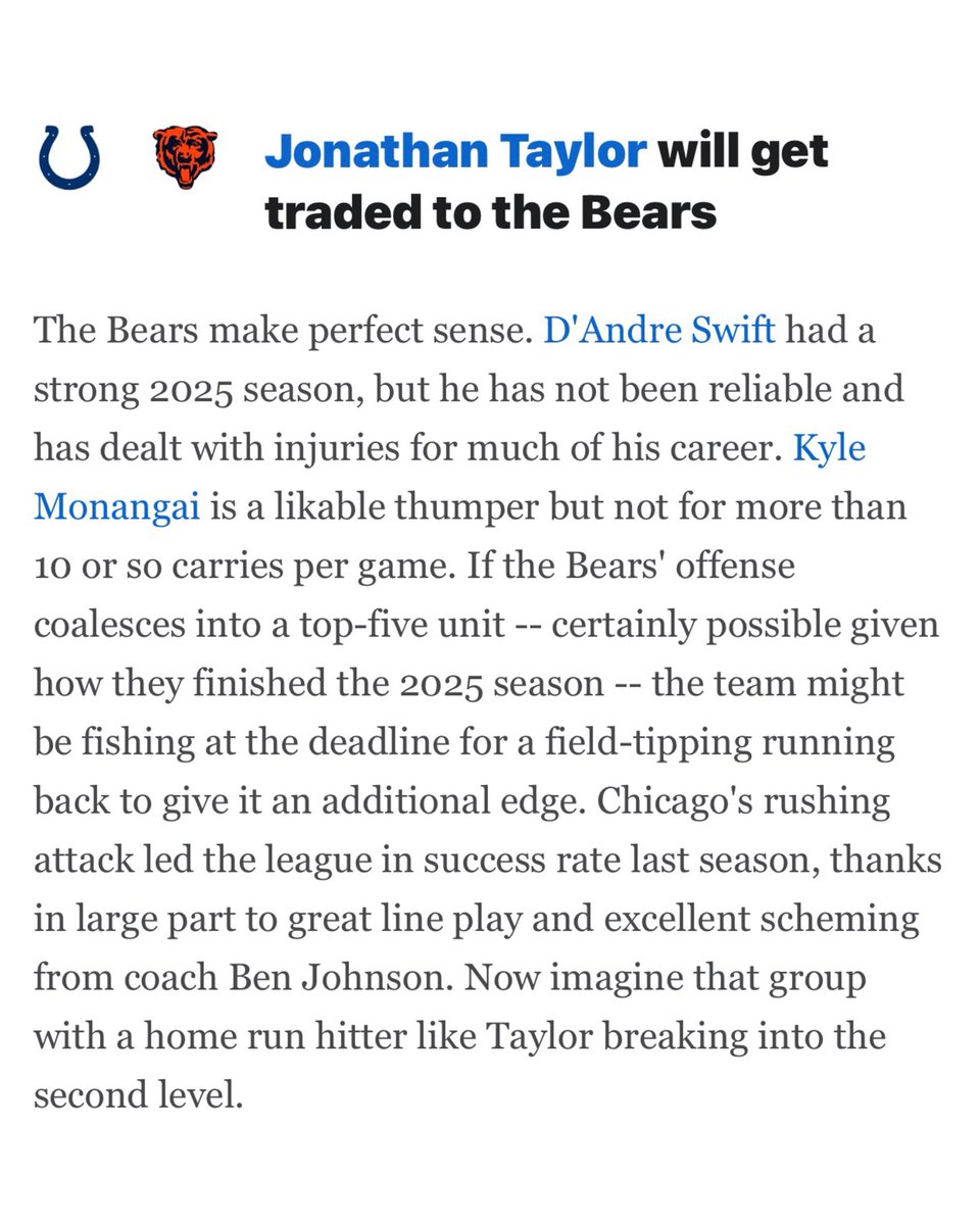 bearszn's tweet photo. ESPN released predictions for the 2026 season and they had a crazy trade prediction for the Bears: acquiring Colts RB Jonathan Taylor? 😳

Yeah…the Bears are good with Kyle Monangai and D’Andre Swift. https://t.co/FwawGKL9aB