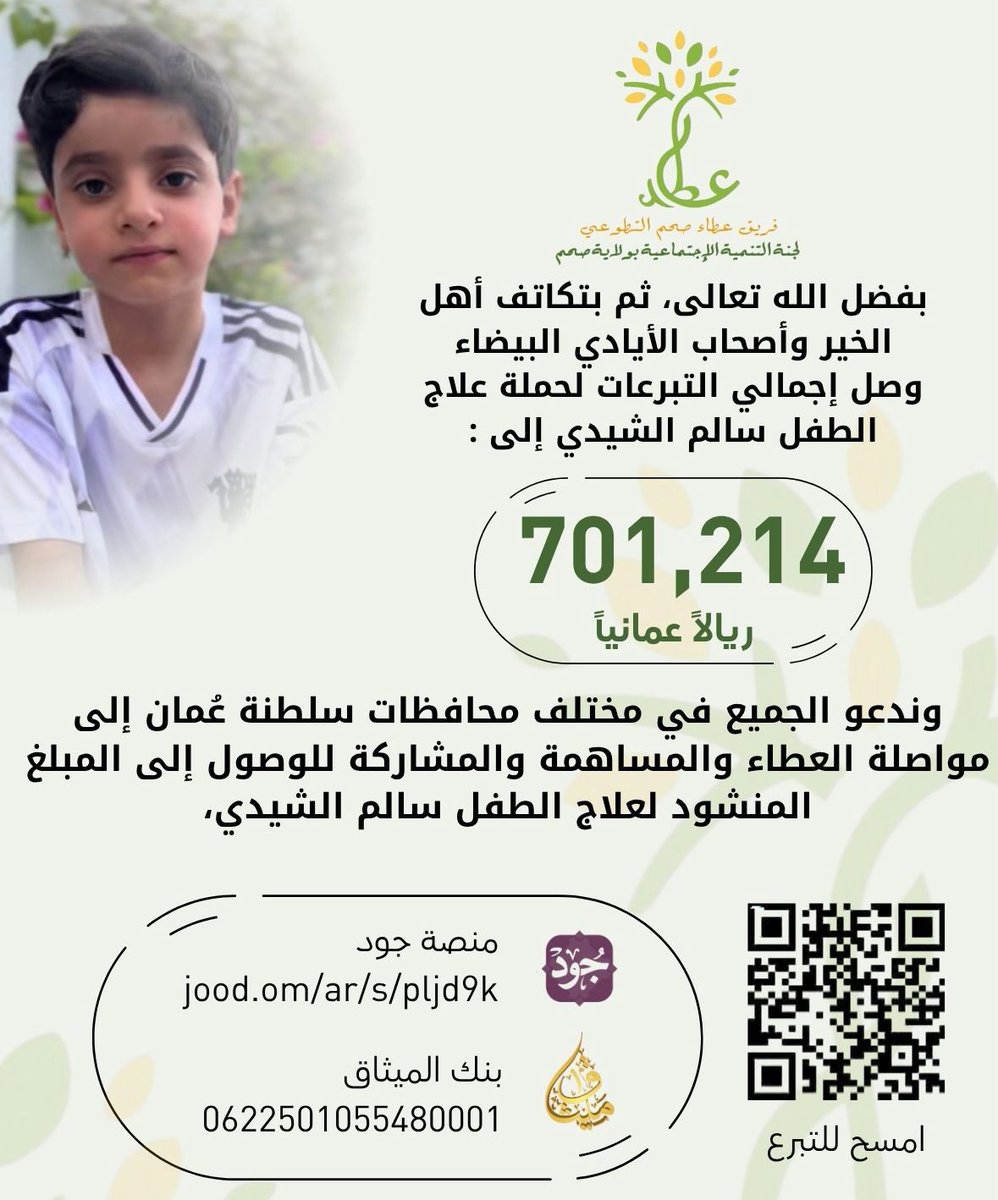 madenavoice's tweet photo. الحمد لله، بفضل الله ثم بعطاء أهل الخير وأصحاب الأيادي البيضاء، وصلت حصيلة التبرعات لعلاج الطفل سالم الشيدي إلى 701,214 ريالًا عُمانيًا، ولم يتبقَّ سوى القليل لنرسم له بداية حياة جديدة بإذن الله.

ندعو أبناء عُمان الأوفياء في جميع المحافظات إلى مواصلة العطاء، فكل ريال يُحدث فرقًا، وكل مساهمة تُقرّب سالم من العلاج الذي ينتظره.

فلنكمل المشوار معًا، ولنغلق هذه الحالة الإنسانية في أقرب وقت. 🤍🇴🇲

#معك_يا_سالم #سالم_الشيدي #عمان #تبرع #تكافل #فزعة_عمان
#صوت_المدينة_للإعلام