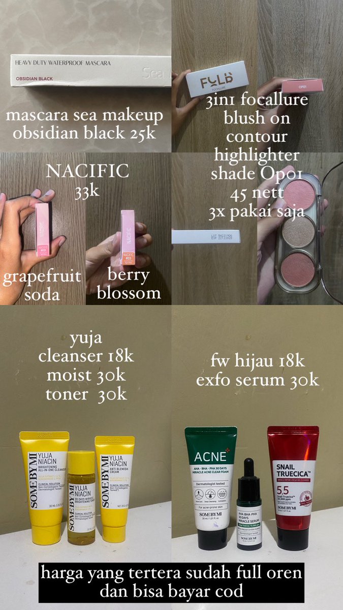 pyramddsfranko's tweet photo. 🛍️WTS 
skincare / make up 

📍kategori 
mascara blush on highlighter contour moisturizer moist toner cleanser fw exfo serum 

🐝 merek 
sea makeup focallure nacific somebymi sbm some by mi https://t.co/mB20JrzU1s